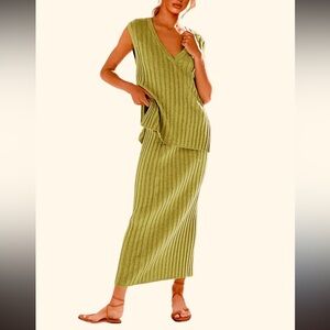 Chartreuse Ribbed Knit Sweater Vest Skirt Set